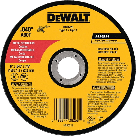 DEWALT 6" x .040" x 7/8" A60t Metalthin Cutoff Wheel Type1 115-DW8725 Category: Angle Grinder Parts and Accessories — Professional & DIY Use, Standard Battery Platform