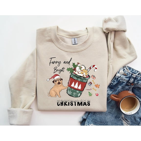 Furry and Bright Christmas Sweatshirt, Dog Lover Holiday Shirt, Coffee Pet Lover Crewneck, Cute Christmas Gift for Women