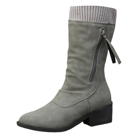 GHSOHS Cowboy Boots for Women Knee High Boots Comfort Shoes for Women Black Boots Knee High Boots Round Head Woolen Edge Boots Side Zipper Leather Boots Rain Boots Dress Shoes Snow Boots Size 41