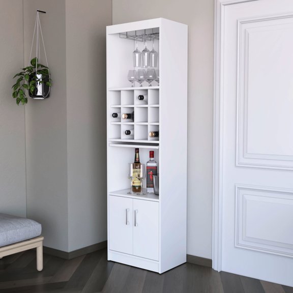 White Bar Cabinet For Home Setup - 71.1 Inches High, 20 Wide, 15 Shelves, Wood With Wine Storage Options And Practicality 2 Doors, Engineered