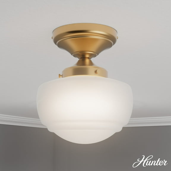 Hunter - Saddle Creek 1-light Alturas Gold, Small Flush Mount Light, Dimmable, Schoolhouse Style, Schoolhouse Shaped, for Bedrooms, Dining, Living Rooms - 48065