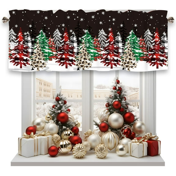 Christmas Curtain Valance for Windows Snowflake Christmas Tree Winter Holiday Window Treatments 1 Panel Short Curtains for Kitchen Windows Bathroom Bedroom,54 x 18 Inch