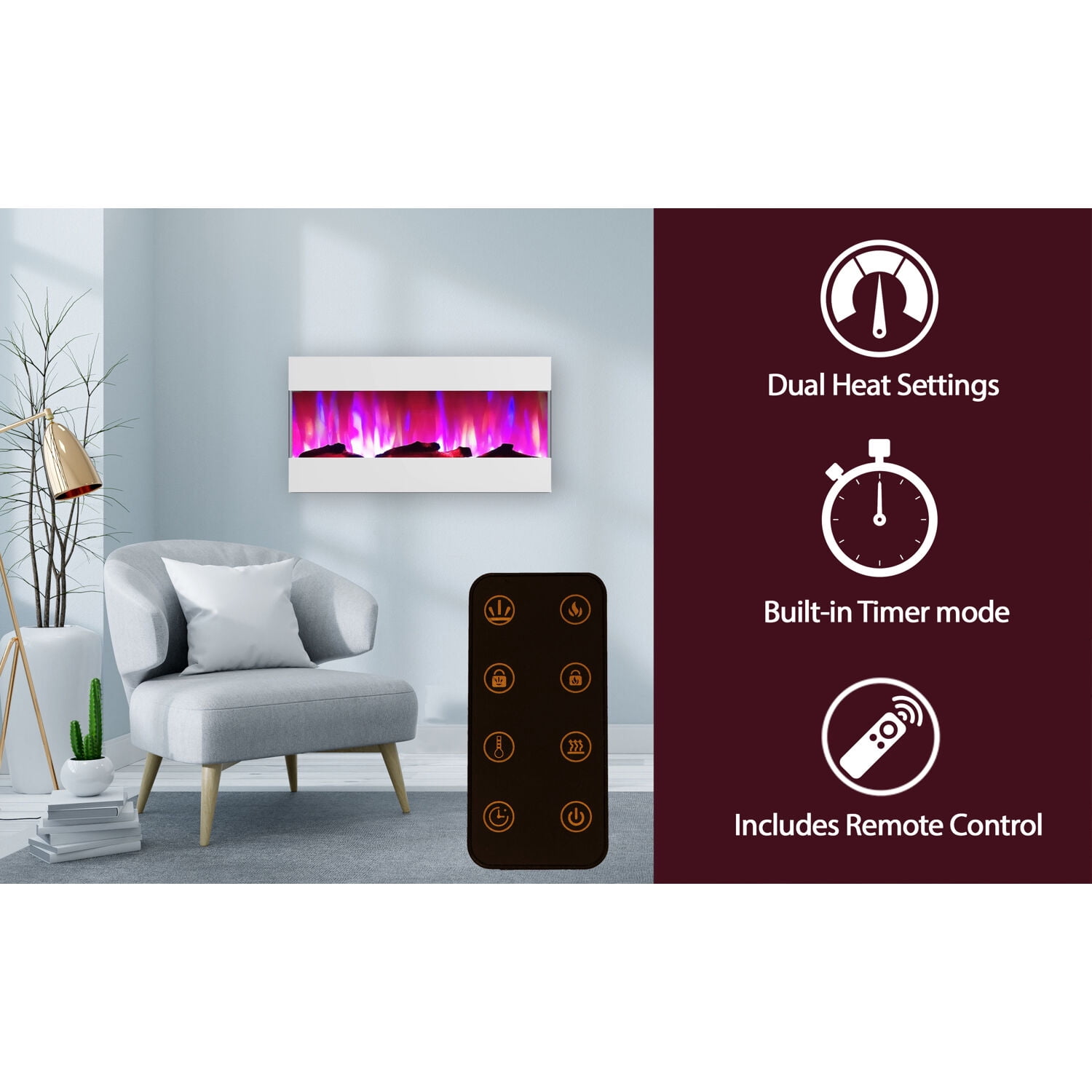 Cambridge 42-in. White Indoor Wall Mount Electric Fireplace with Log Display