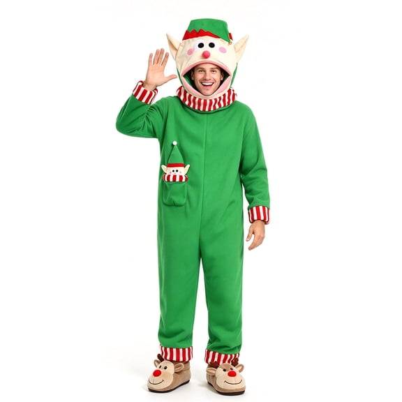 PlayVexa Green Elf Onesie Christmas Hooded Fleece Pajamas One Piece Loungewear for Men Size XL