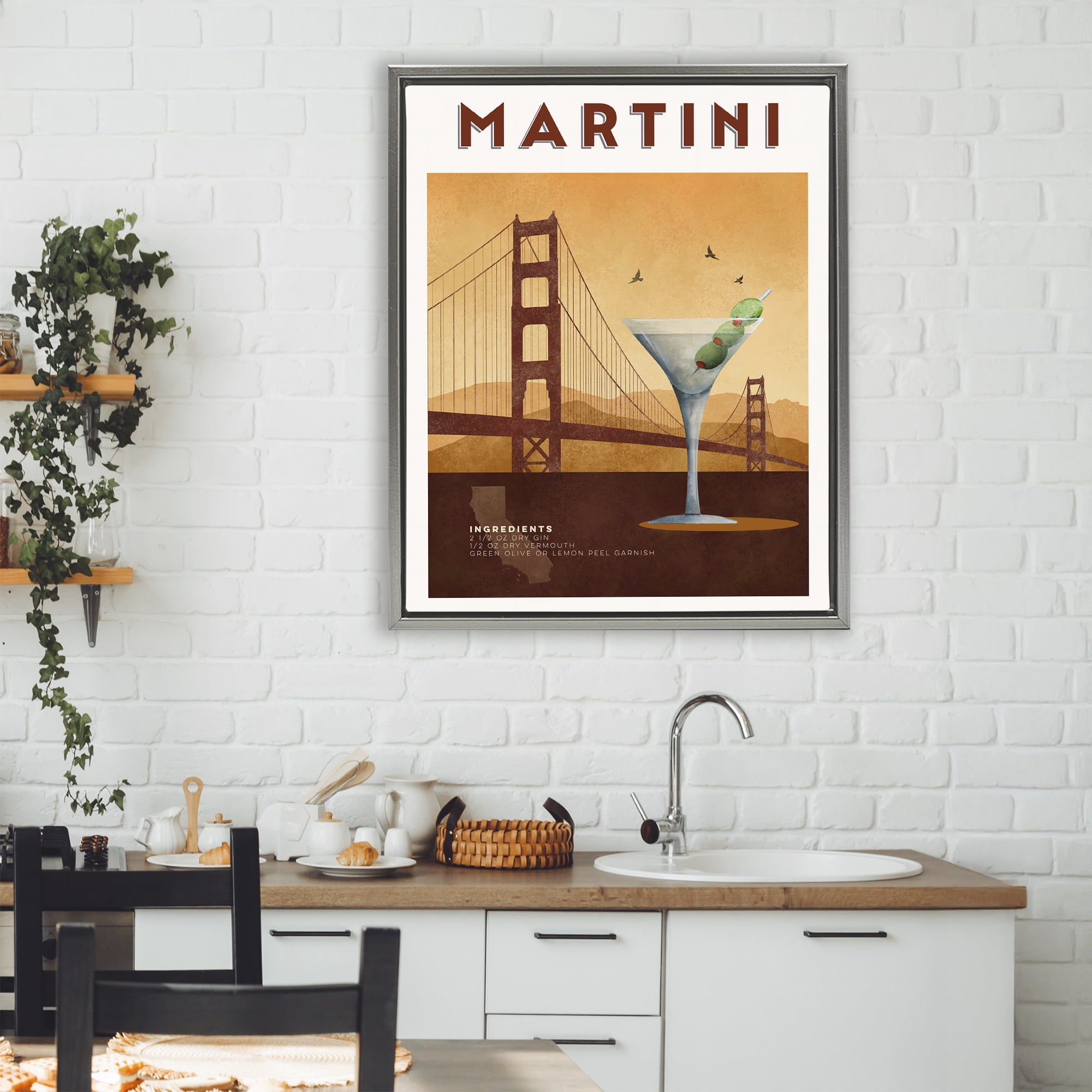 Retro Martini & Bridge View Gray Framed Floater Canvas Wall Art, design by Brett Blumenthal