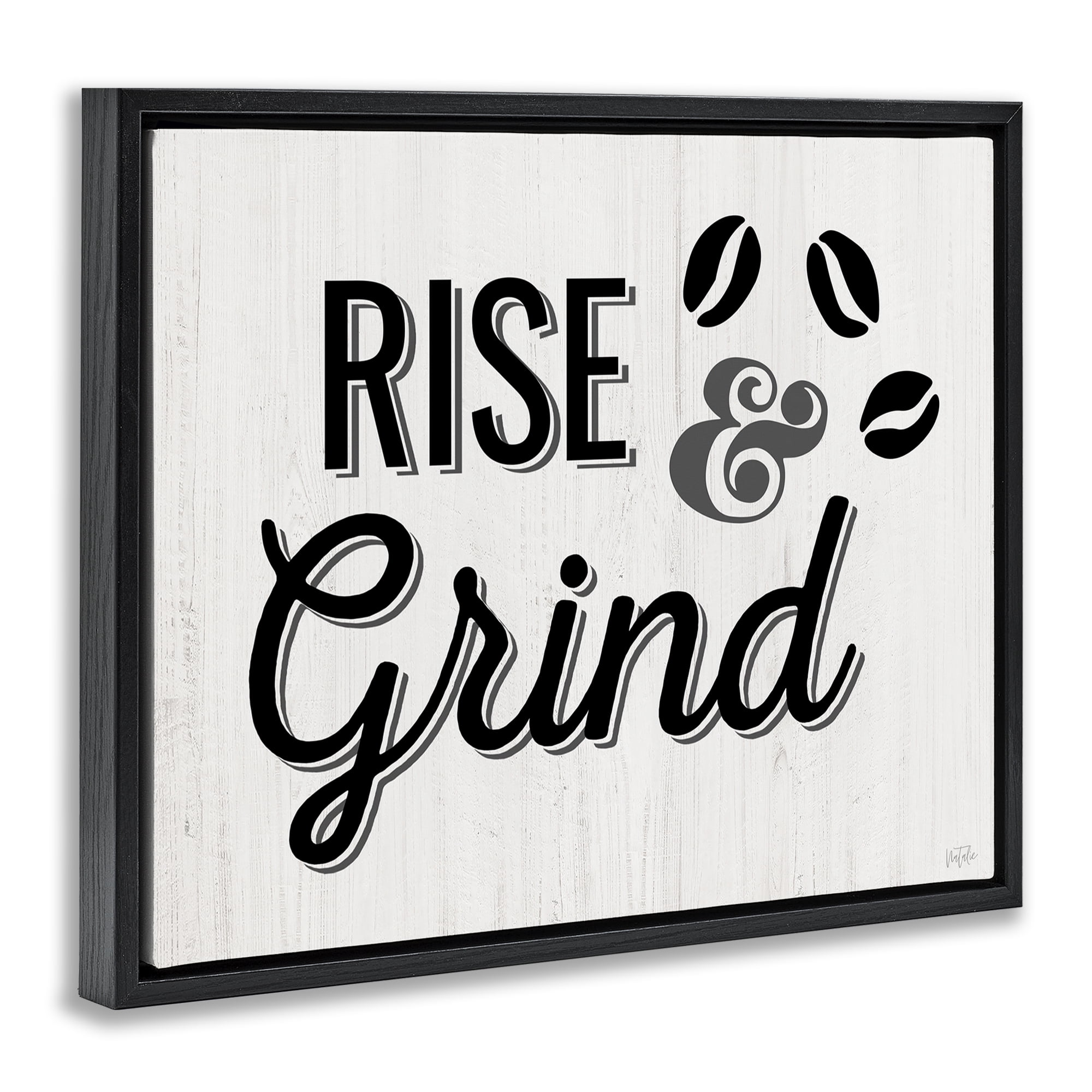 Stupell Industries Rise & Grind Coffee Beans Food & Beverage Painting Black Floater Framed Canvas Art Print Wall Art, 21 x 17