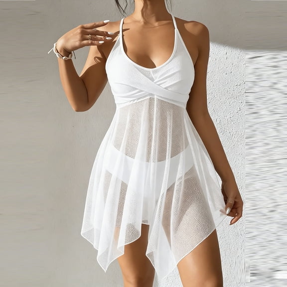 qelini Two Piece Swimsuits for Women Crew Neck Tankini Sets Solid Color Swimwear Beach Vocation