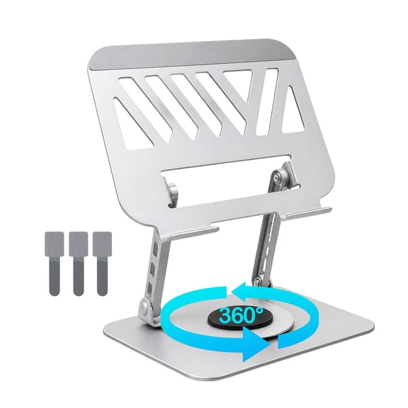 F Felyrify Adjustable Laptop Stand for Desk, 360° Rotating Foldable Carbon Steel Laptop Riser with 3 Cable Organizers, Fits 7–17" Laptops and Tablets, Silver