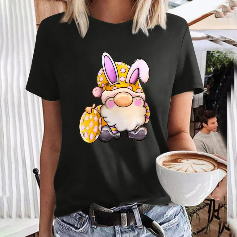 symoid Easter Holiday Rabbit Dress Shirts for Women- Fashion Causal Round  Neck Printing Short Sleeve T- Summer Womens Tops Blouses Black 