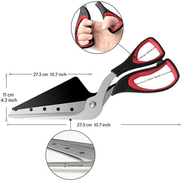 Tijeras para pizza, cortador de pizza con pala, hoja afilada de acero inoxidable de grado alimenticio y mango suave, tijeras de cocina multifuncionales, 27 cm, negro/rojo