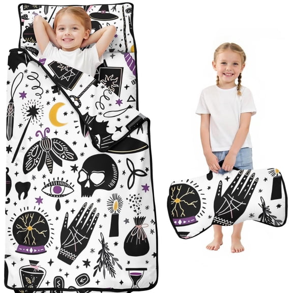 Black Halloween Witchcraft Elements Toddler Nap Mats for Kids Preschool,50"x20" Sleeping Mat Bag or Kids,Toddler Sleeping Bag,Toddler Nap Mat or Daycare