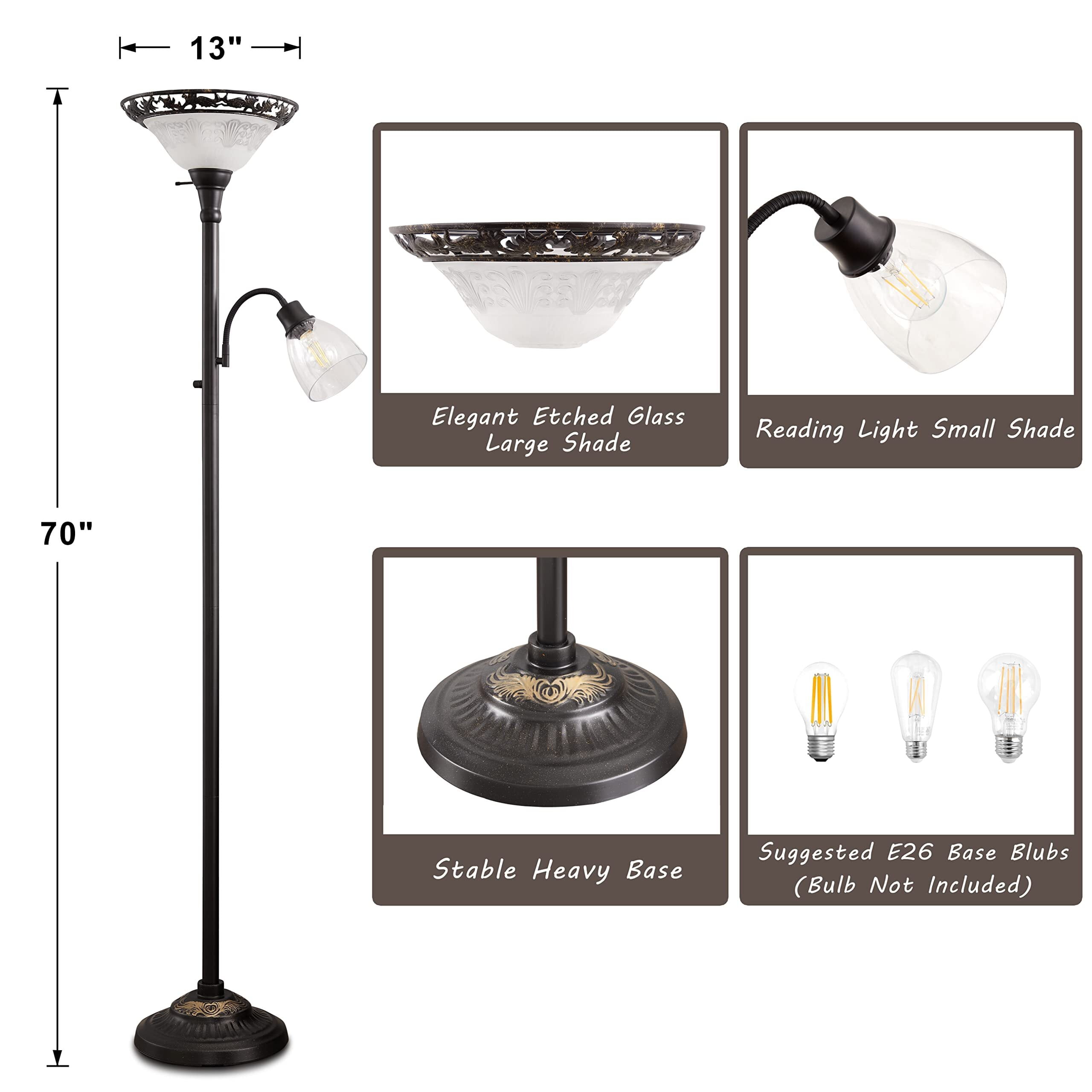 NATYSWAN 70" Victorian Floor Lamp, Etched Glass Shade, Metal Body & Heavy Base, Vintage Tall Corner Lamp for Bedroom, Living Room, Den, Office. No Bulbs (2 Head)