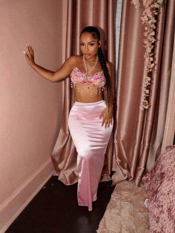 Pink Satin High-Waist Bodycon Maxi Skirt With Mermaid Hem And Side Slit