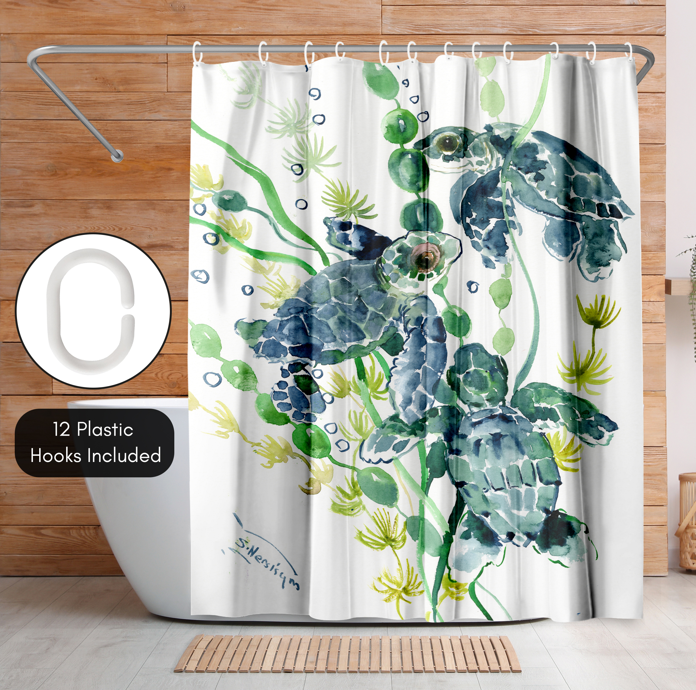 Americanflat 71" x 74" Shower Curtain, Three Sea Turtles by Suren Nersisyan