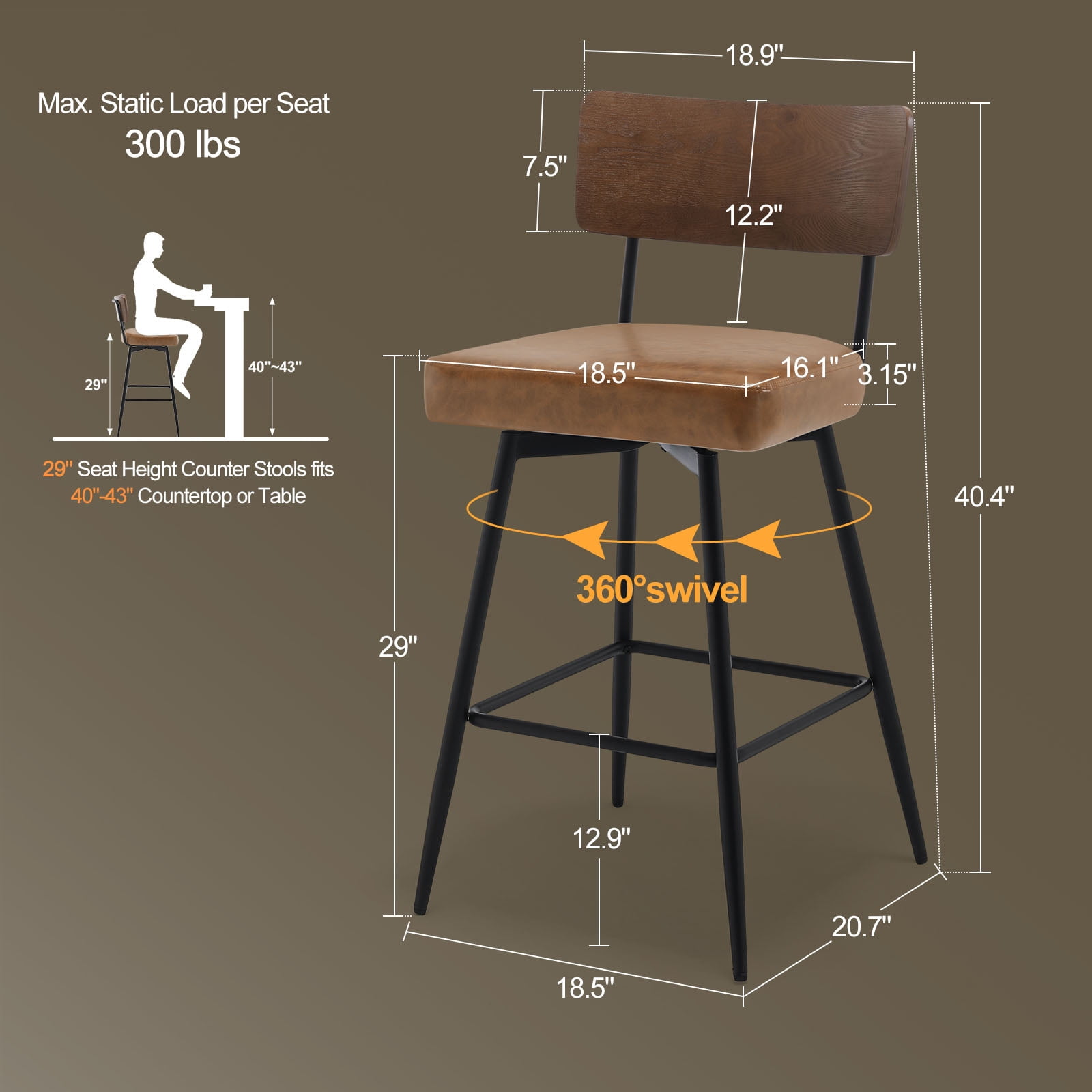 ANMINY Swivel Bar Stools Set of 2, 29" Seat Height, Upholstered Faux Leather Counter Barstools with Wood Backs and Metal Legs, Counter Height Bar Stool for Kitchen Island