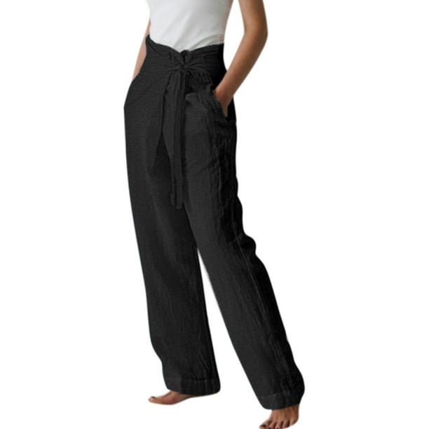 Lallc Womens High Waist Straight Leg Pants Casual Loose Pockets Long