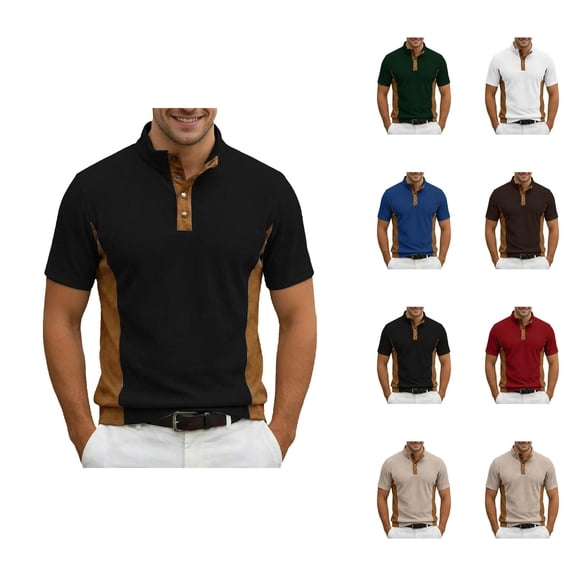 Corduroy Polo Shirts for Men Summer Casual Fashion Short Sleeve Stand Collar Patchwork Work Tshirts Golf Shirt