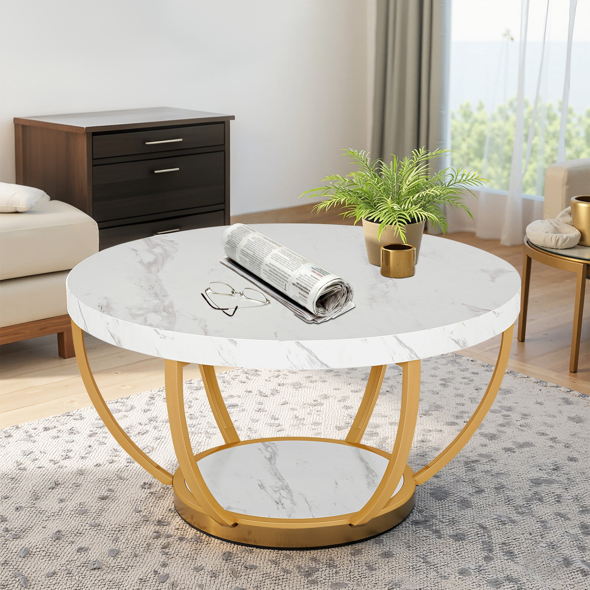 MAYEERTY 2 Tier Round Coffee Table Thickened Engineered Wood Sturdy Metal Base