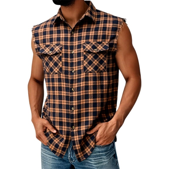 Mens Sleeveless Plaid Shirt Casual Flannel Button Down Shirts Loose Fit with Pocket Coffee XL