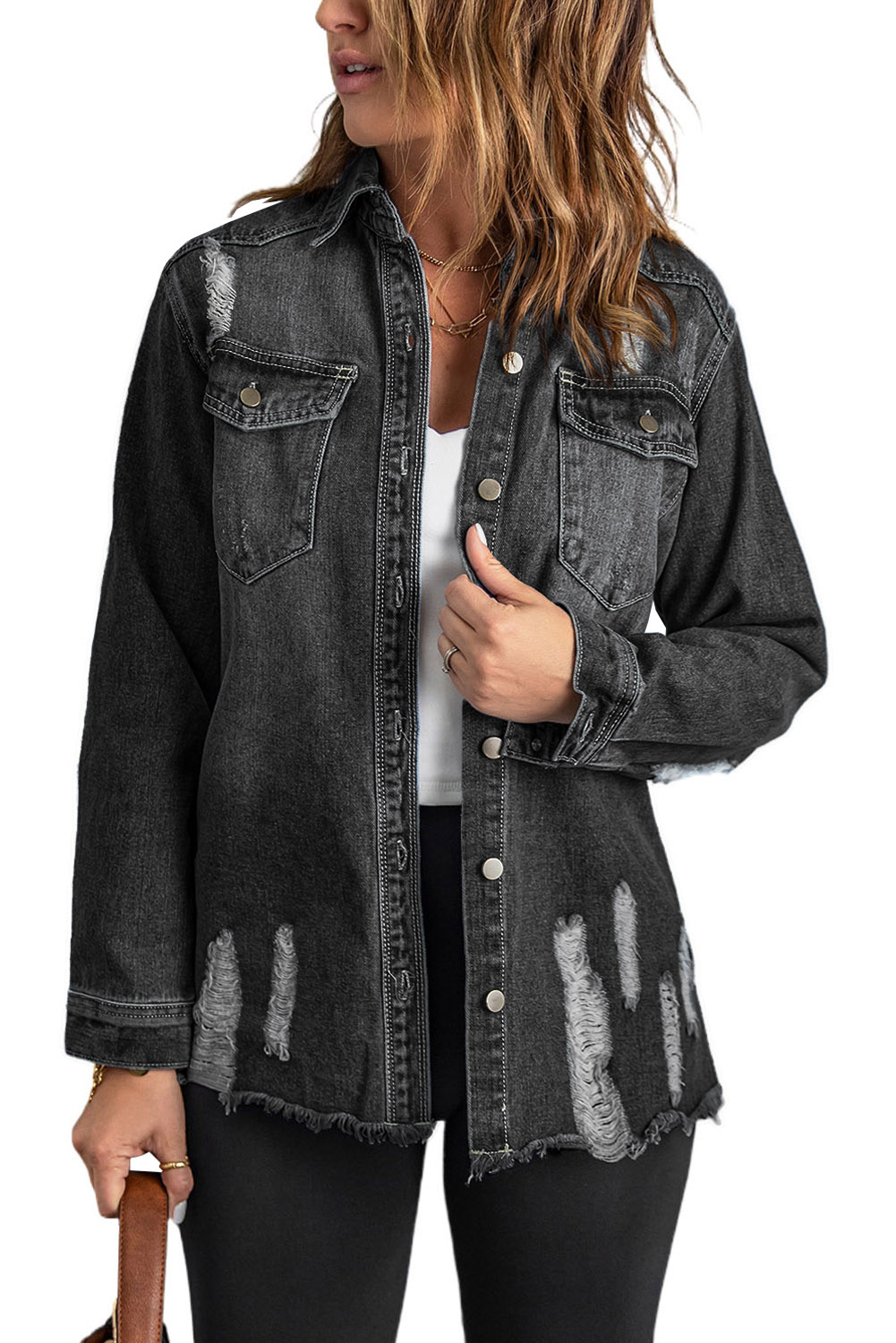 Women's Black Distressed Denim Jacket 