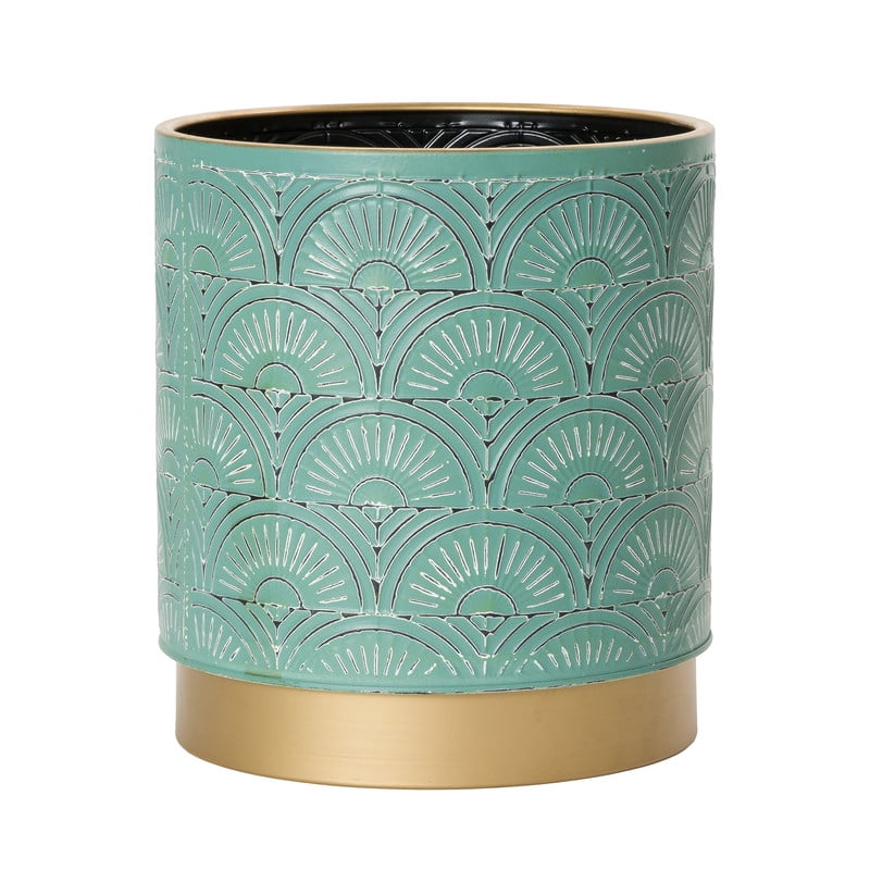Boho Metal Waste Basket With Gold Base - Blue-Green - 12"H x 10"W