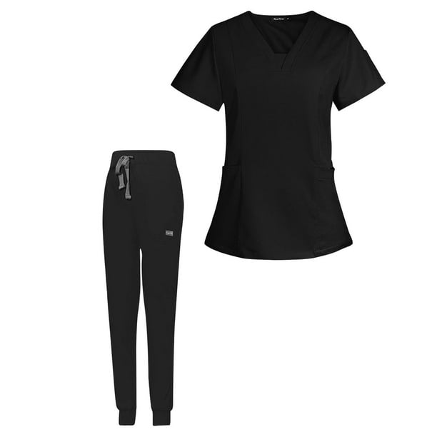 Uniforme médico femenino con escote en V, lavable a máquina, top y pantalones, ropa de trabajo duradera Negro