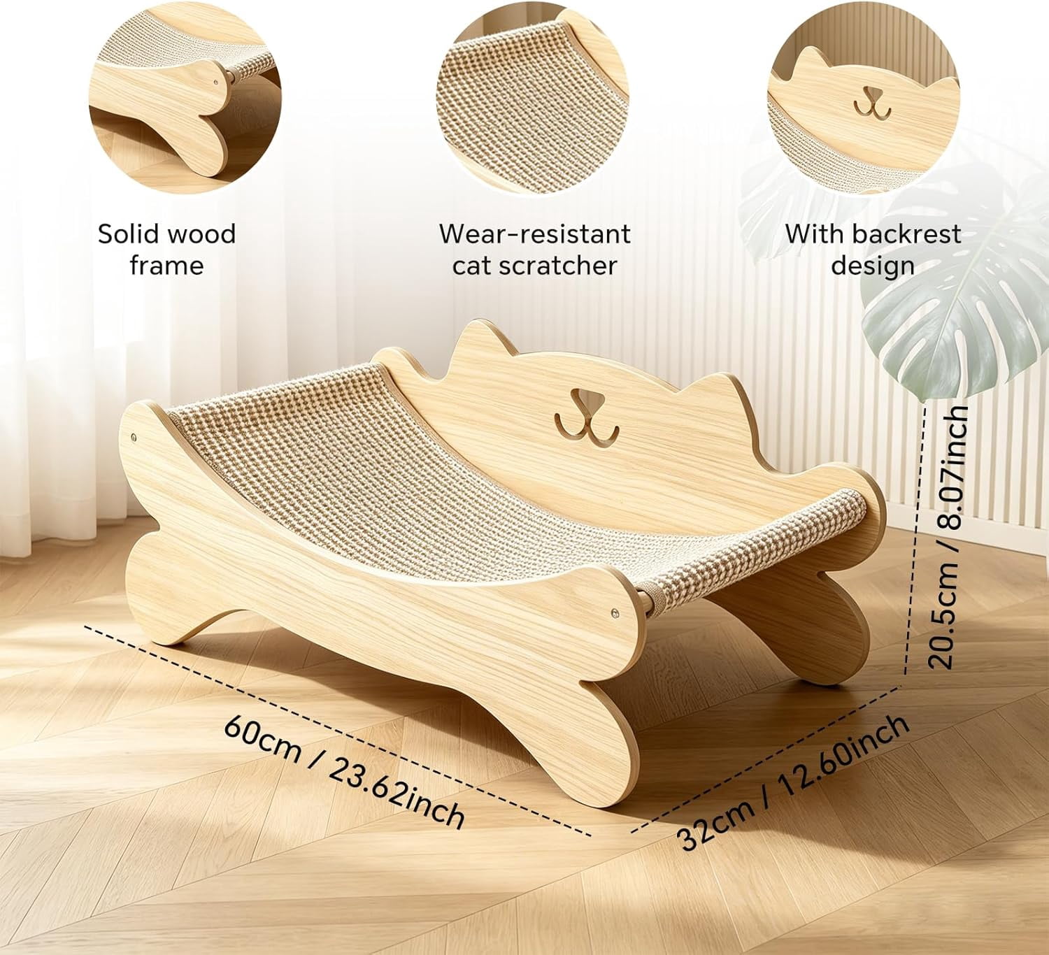 Cat Scratcher Bed for Indoor Cats Kitten Bed Cat Hammock with Solid Wood Frame Wear Resistant Sisal Backrest Design Cats Scratcher Lounge, Wooden Cat Furniture
