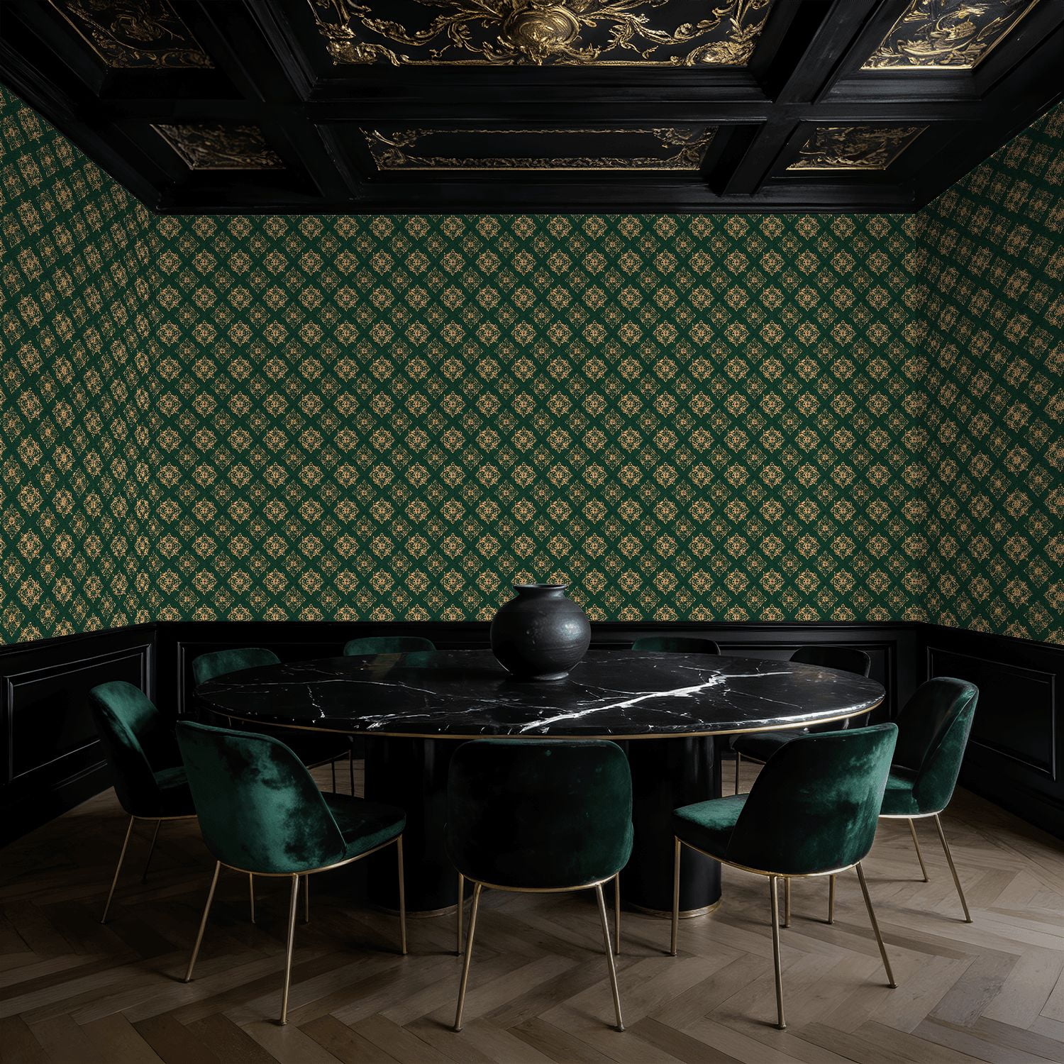 Peel and Stick Wallpaper Baroque Vintage Floral Damask Green Gold Accents Wall Mural 17.7in x 9.8ft Self Adhesive Removable Wall Paper Renter Friendly Wallpaper for Nursery Bedroom Cabinets