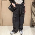 thumbnail image 2 of FAOWME Girls Baggy Cargo Trousers Elastic High Waist Straight Wide Leg Streetwear Trousers With Multiple Pockets Black 6-7 Years, 2 of 4