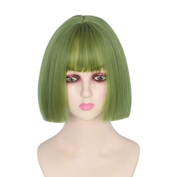Unique Bargains Human Hair Wigs for Women Lady 12" Light Green Bob Wig with Wig Cap