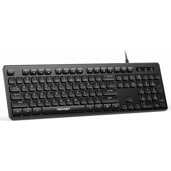 TECKNET Wired Keyboard,Silent USB Keyboard for Office,Spill-Resistant,Slim Full-Size Membrane Layout,Plug and Play for PC/Laptop/Mac-No Backlit