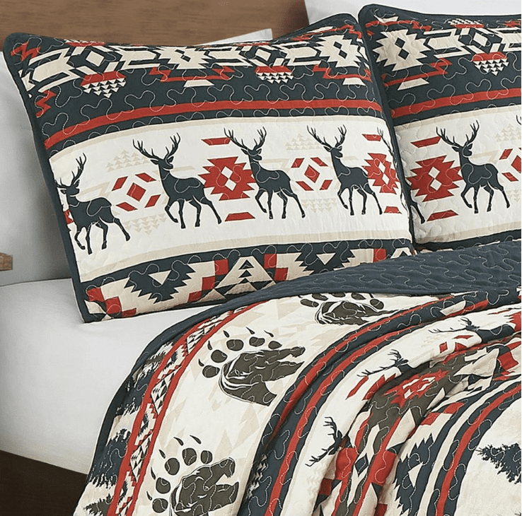 Evjk 3-Piece Quilt Set – Rustic Lodge Cabin Style Bedspread with Elk & Bear Print,Queen