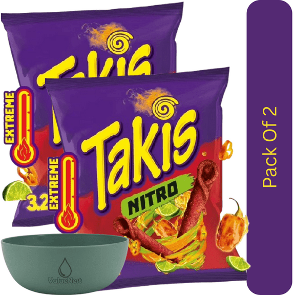 Takis Nitro Rolled Tortilla Chips, Habanero & Lime Heat, 3.25 oz Snack Size Bag With Olive Green Bowl By ValueNest