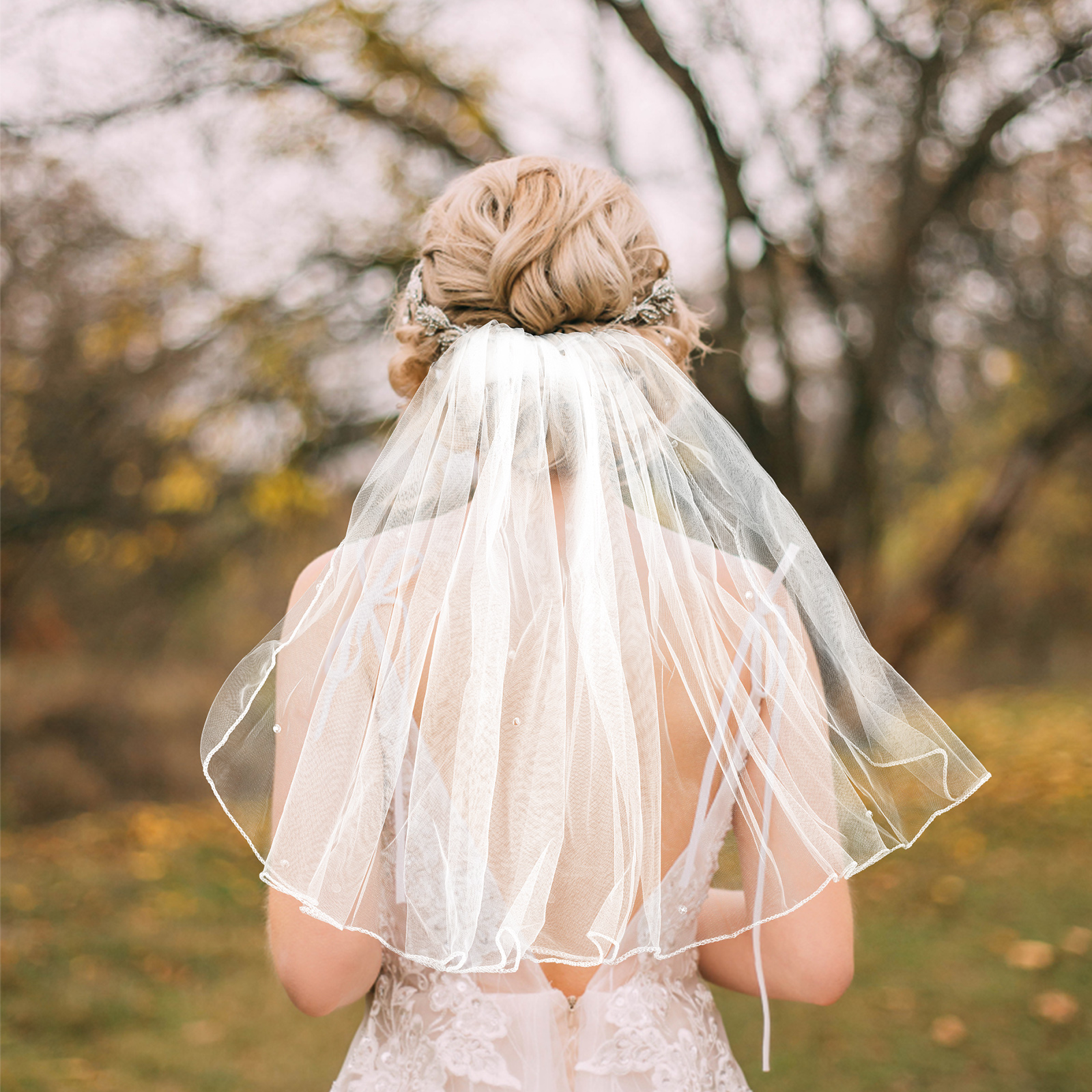 Bridal Veil Hair Accessory - White Wedding Veil Brinote Pearl Bride Wedding Veil with Comb 2 Tier Short Hip  main image 3