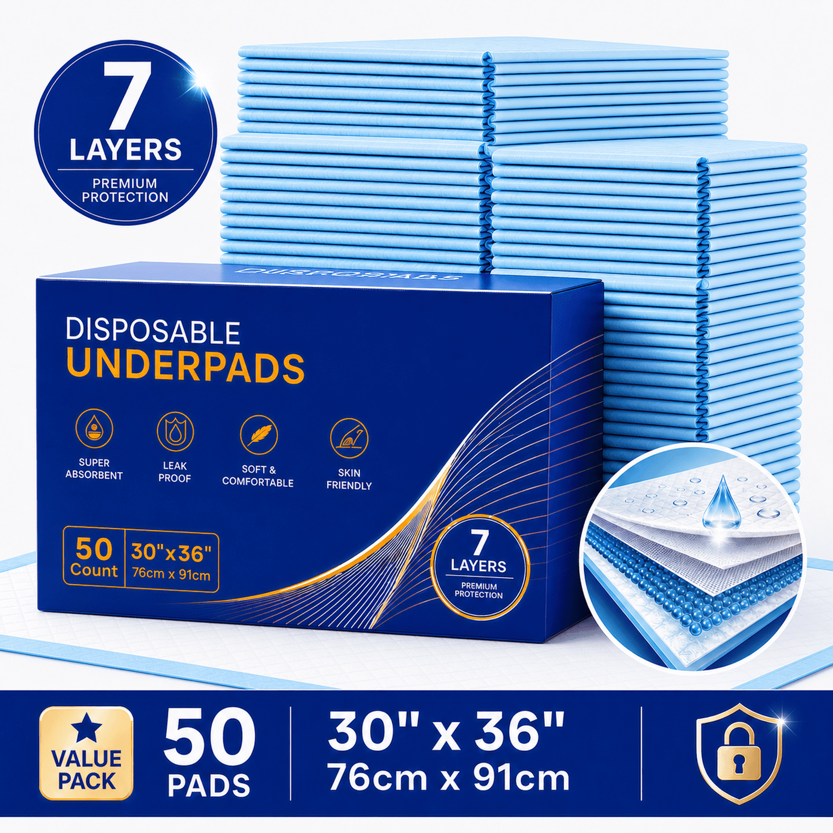 Bluecustos Bed Pads for Incontinence Disposable, 7-Layer Extra Large Pee Pads for Adults, 30'' x 36'' Super Absorbent Chucks Underpads Pads for Bed for Adults, Baby, Puppy, Elderly, XL 50 Count