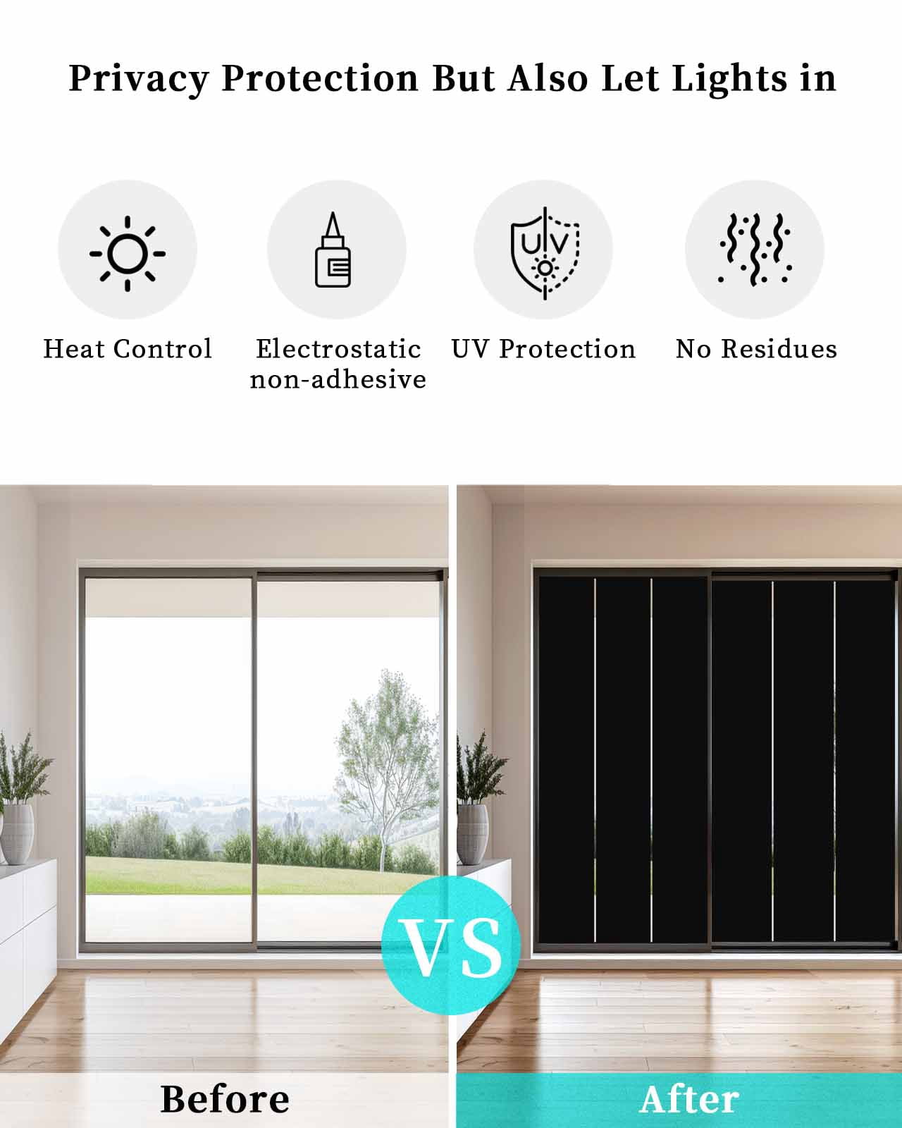 Window Privacy Film, Black UV Sun Blocking Window Tint Film Heat Control One Way Blackout Window Film, Pure Black Solid Color Simple Minimalism Art Non Adhesive Static Cling Sticker 17.7x39.3 In