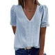 thumbnail image 1 of Blusa de mujer con cuello en V de encaje de manga corta de color puro causal suelta camiseta transpirable para el verano, 1 of 4