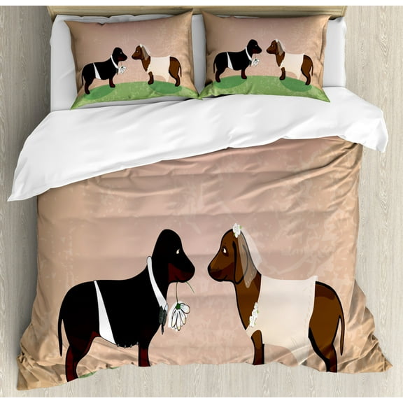 Dachshund King Size Duvet Cover Set, Cute Groom and Bride Dogs Marriage Themed Ceremonial Illustration Cartoon Style, Decorative 3 Piece Bedding Set with 2 Pillow Shams, Multicolor, by Ambesonne