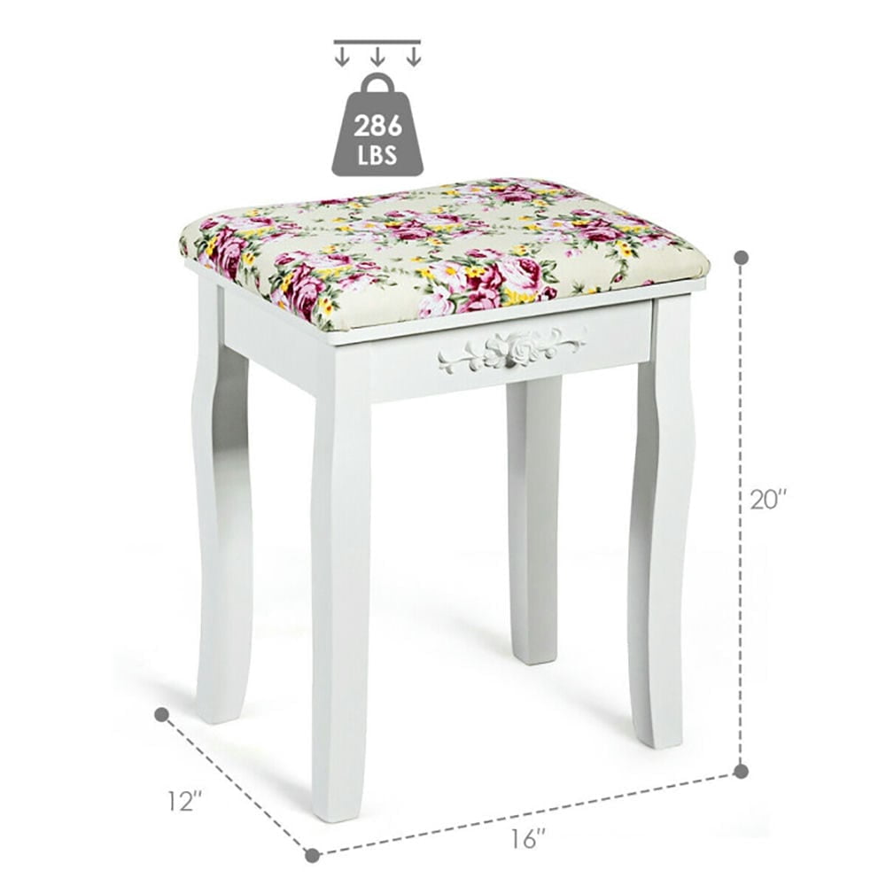 Kadyn Vanity Wood Dressing Stool Padded Piano Seat with Rose Cushion-White