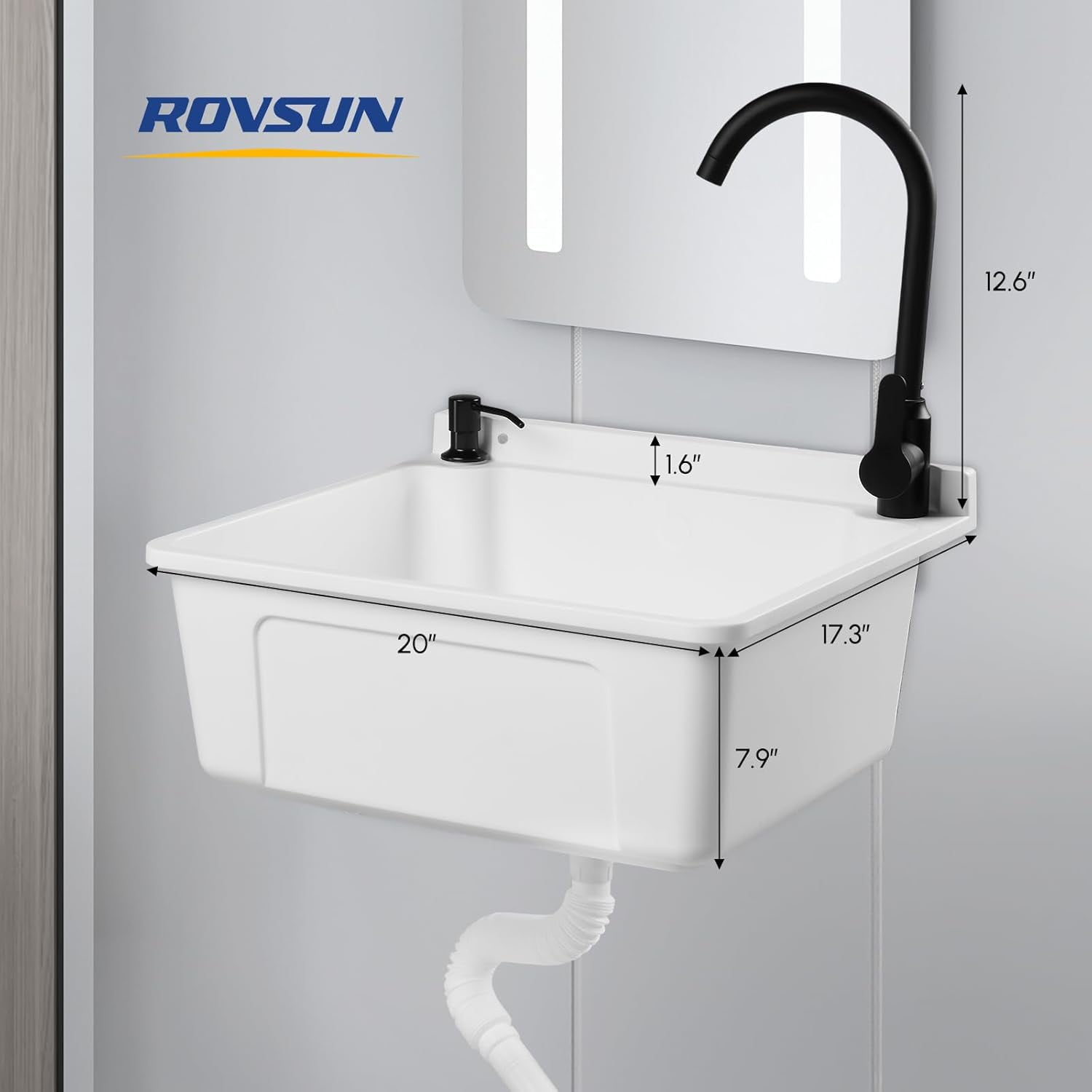 ROVSUN Plastic Wall-Mounted Utility Sink, Wall-Mounted Utility Tub with Wall Bracket, Hot&Cold Faucet, Drain Plug, Perfect for Basement, Laundry Room, Garage or Shop and More, Black