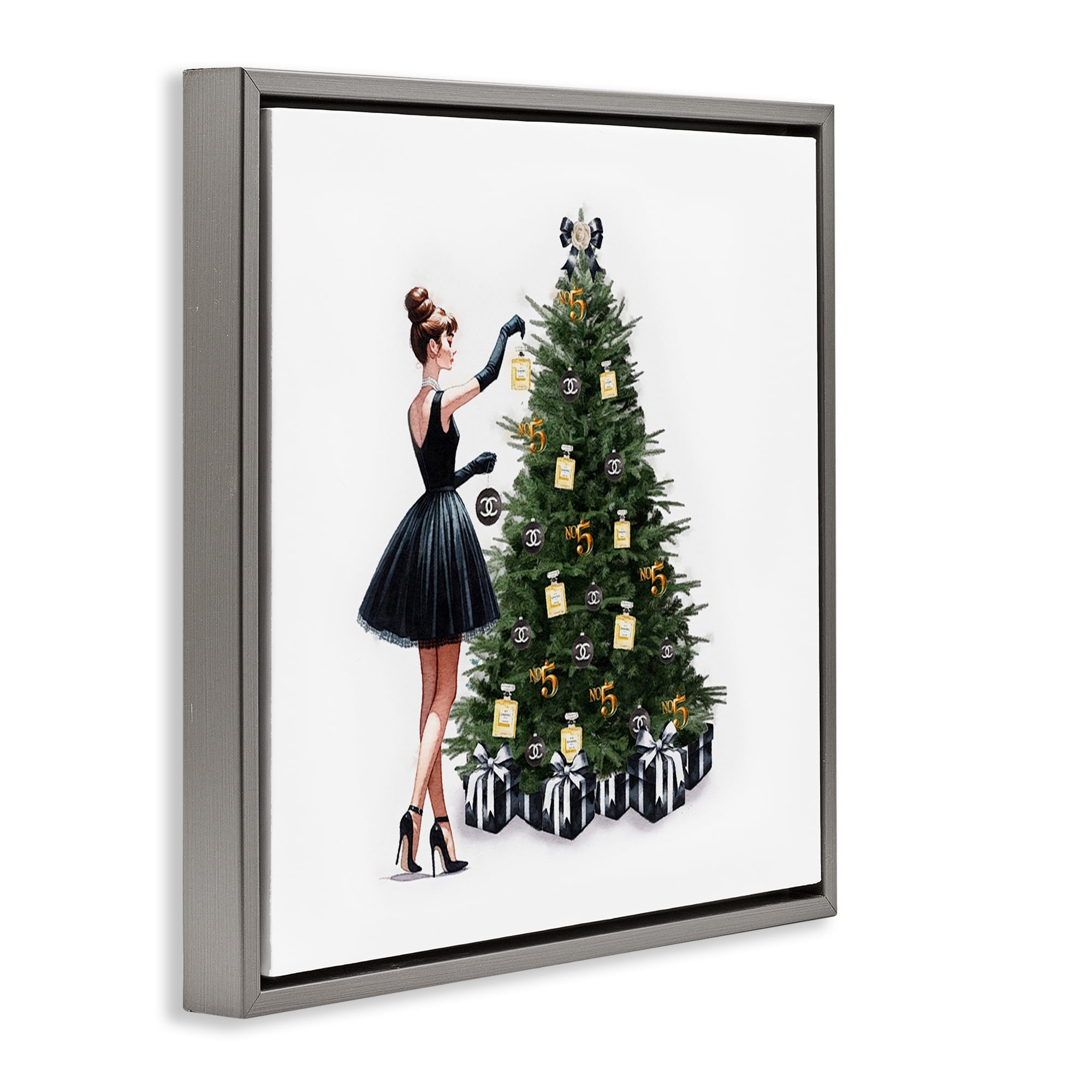 Stupell Industries Trendy Christmas Tree Holiday Painting Gray Floater Framed Canvas Art Prints Wall Art, 18 x 18