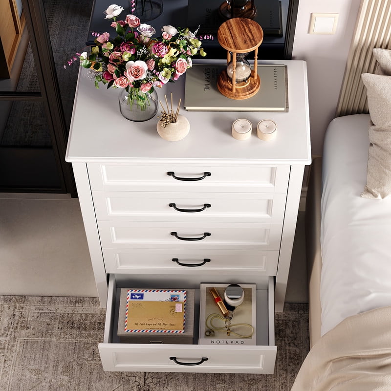 5 Drawer Dresser, Wooden Chest of Drawers with Sleek Metal Handles, MDF Storage Dresser Organizer for Bedroom, Living Room, Hallway - White