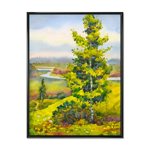 Colorful Young Orange Betulas Along Bank Of Calm Bay 12 in x 20 in Framed Painting Canvas Art Print, by Designart