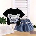 thumbnail image 4 of Cethrio Girls Cotton Outfit Sets, Printed 2 Piece Short Sleeve T-shirts and Denim Shorts Sets Black Size 2-3T, 4 of 5