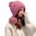 thumbnail image 2 of Eoperou Women Knitted Hat Three Pompoms Solid Color Brimless Windproof Autumn Winter Thermal Beanie Hat Ear Flap Hat Daily Wear, 2 of 8