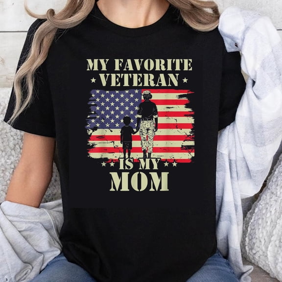 100% Cotton My Favorite Veteran Is My Mom American Flag Military Mother Patriotic T-Shirt for Women and Girls