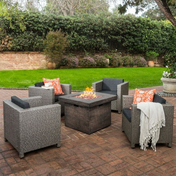 Cascada Outdoor 5 Piece Wicker Club Chair Set with Cushions and Brown Firepit, Dark Grey, Mixed Black