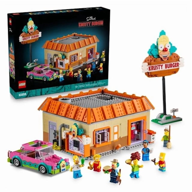 LEGO Icons The Simpsons : Krusty Burger, Home Decor Building Kit for Adults Includes Homer, Bart and Lisa Simpson, Farmer Krusty, Sideshow Bob, Squeaky Voiced Teen and Officer Lou Minifigures 10352