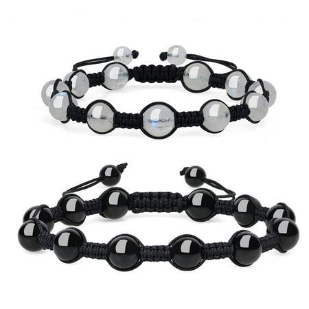 COAI Yin Yang His and Hers Handmade Braided Obsidian Moonstone Bracelets