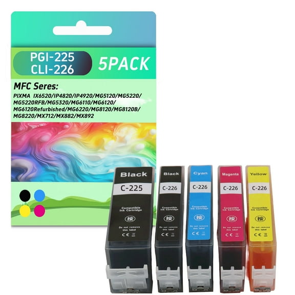 PGI-225 CLI-226 Ink Cartridges 5-Pack (PGI-225 BK CLI-226 BK/C/M/Y) PGI-225 CLI-226 Ink Replacement for Canon PIXMA IX6520/IP4820/IP4920 MG5120/MG5220/MG5220RFB/MG5320 printer